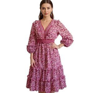 Max Studio Tiered Balloon Sleeve Midi Dress Floral Red Pink S NWT